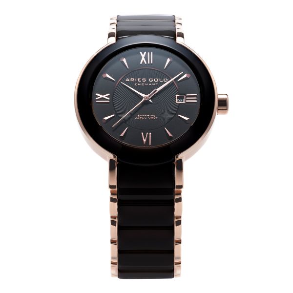 ARIES GOLD ENCHANT LUMINA ROSE GOLD L 8146L BK-BLACK BLACK CERAMIC WOMEN'S WATCH